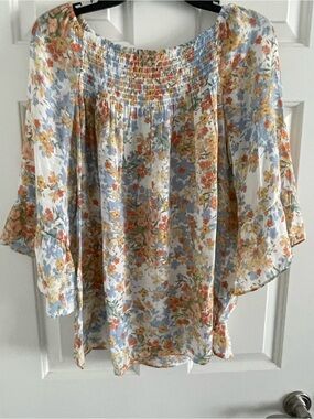 Zac & Rachel Light Blue Cream Floral Off-Shoulder Blouse